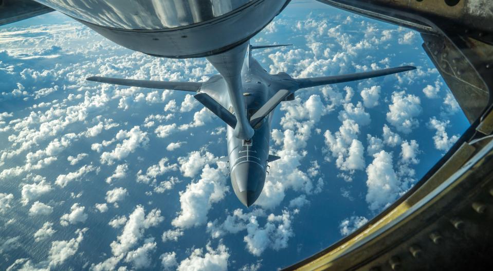  A US Air Force B-1B Lancer receiving fuel during a 10-hour mission from Andersen Air Force Base, Guam earlier this month