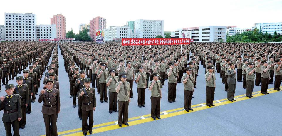  Thousands of North Korean troops take part in a parade in Pyongyang in support of leader Kim Jong-un's regime's stance against the US