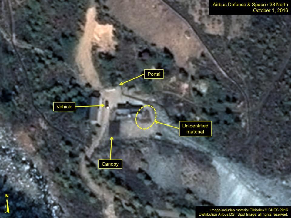  The area around North Korea's Punggye-Ri nuclear test site shows graphics pointing to what monitoring group 38 North says are signs of increased activity