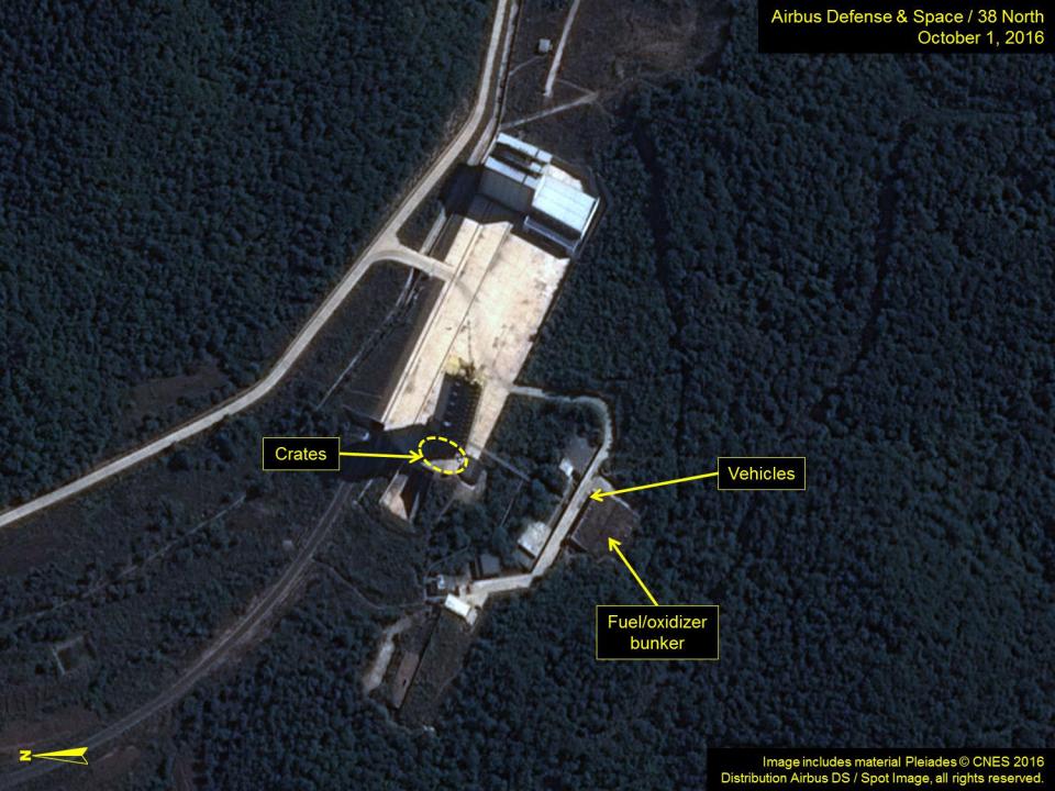  This satellite image provided by Airbus Defense & Space and 38 North on October 8, 2016 shows the Sohae Satellite Launching Station in North Korea