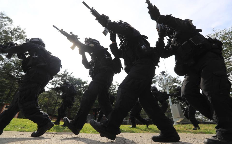South Korean soldiers take part in a military drill in Seoul