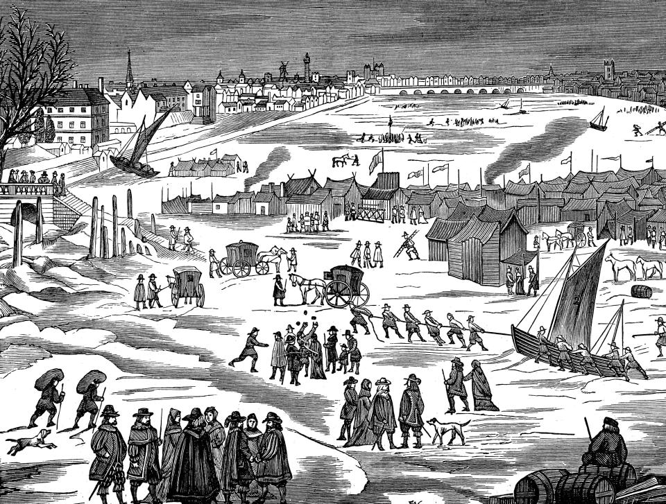  A drawing of a frost fair that took place on the 11-inch ice of the frozen river Thames in 1683