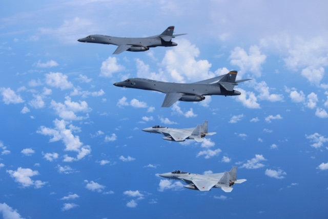  Japanese F-15s and US Blackjack bombers took part in the sorties from the American base on Guam
