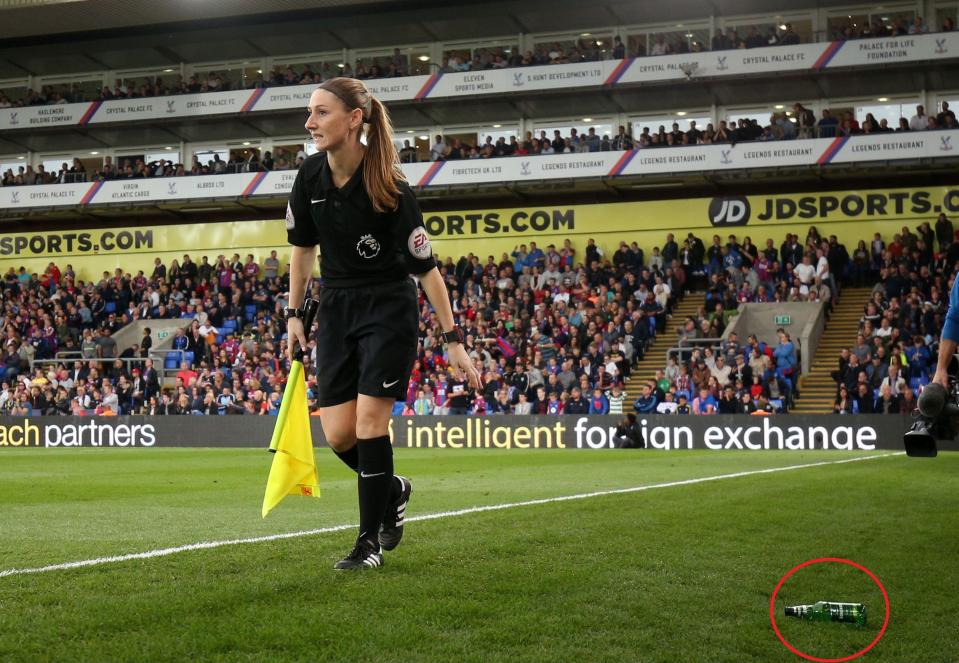 Female assistant Sian Massey-Ellis was nearly hit by a cider bottle allegedly thrown by a Chelsea fan
