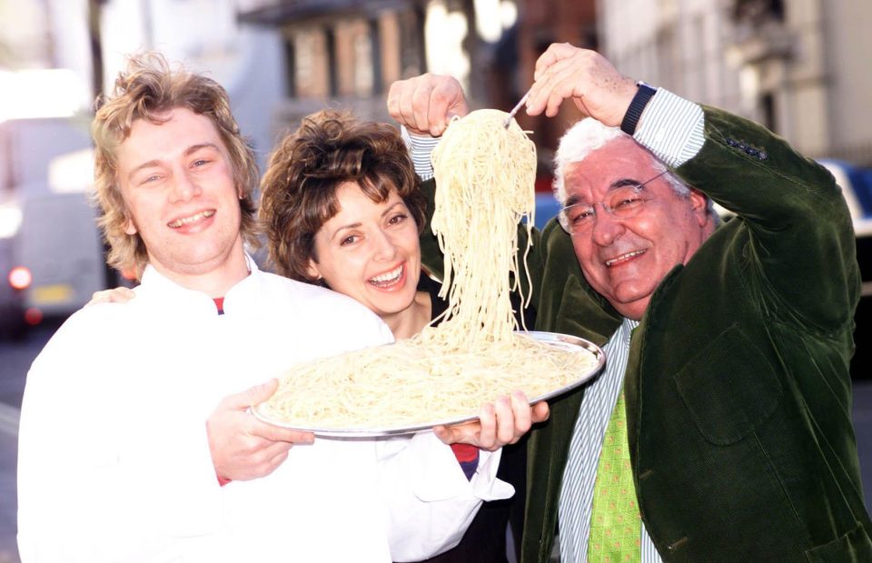 Chef Jamie Oliver Carol Vorderman and Chef Antonio Carluccio at the launch of the Great British Kitchen in 1999