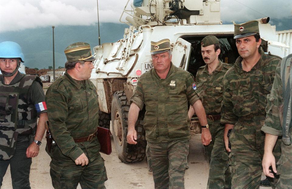 Mladic is pictured on August 10, 1993, arriving in Sarajevo for negotiations 