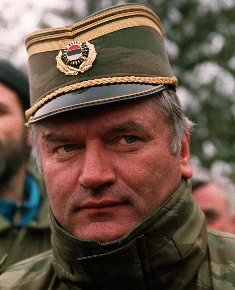 Mladic is pictured in his military garb in 1994 during the Bosnian War 