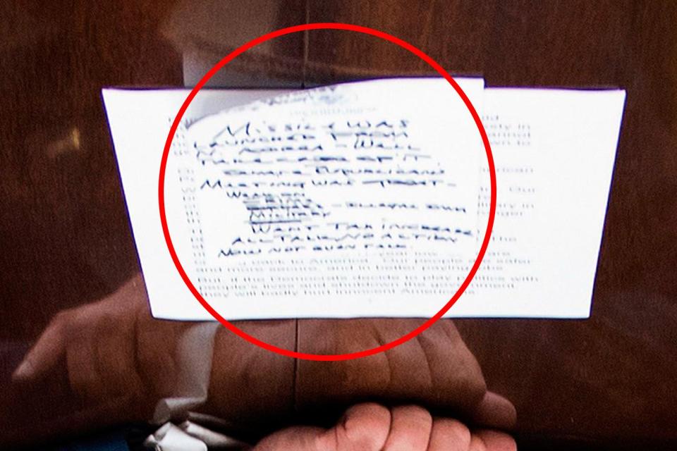  His notes were spotted by eagle-eyed reporters in the White House