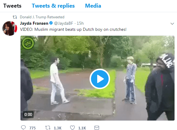  One of the clips Trump re-posted claims to show a migrant beating up a boy on crutches