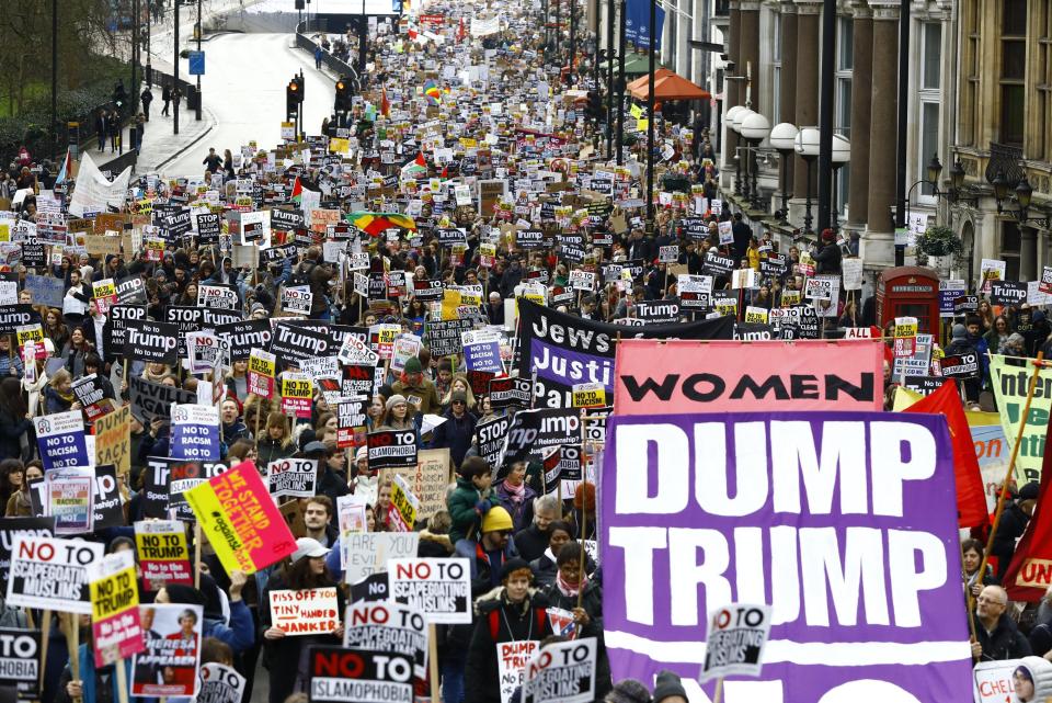 It is understood Trump also feared mass street protests, pictured is a demonstration in London in 2017