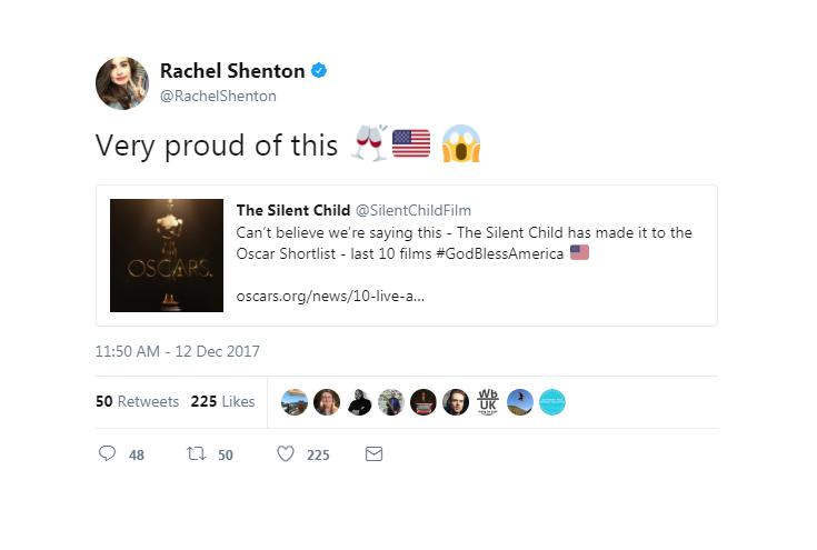  Rachel tweeted her pride after the Oscars Shortlist included The Silent Child