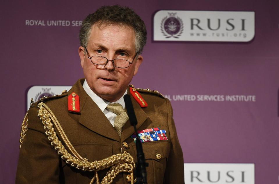 The head of the British Army General Sir Nick Carter delivers a speech in London