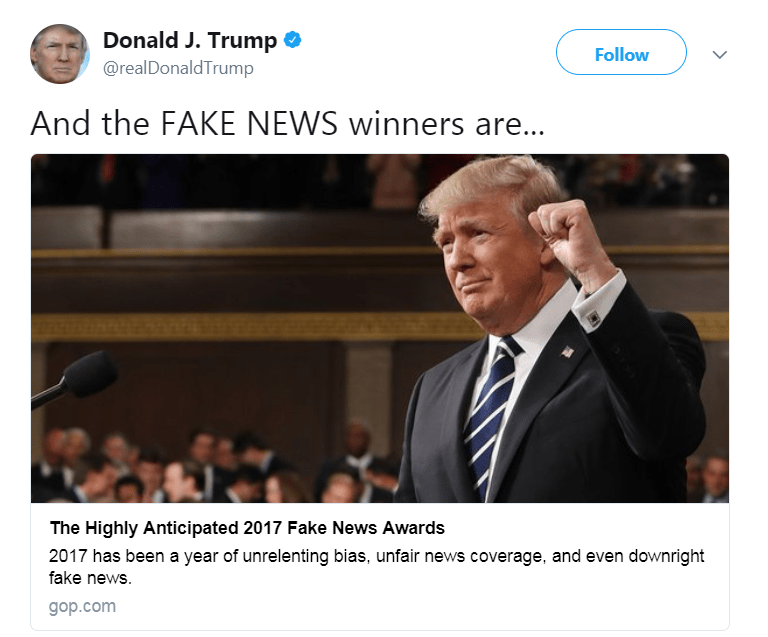 Trump tweeted a link to his list of winners - only for it to crash the website
