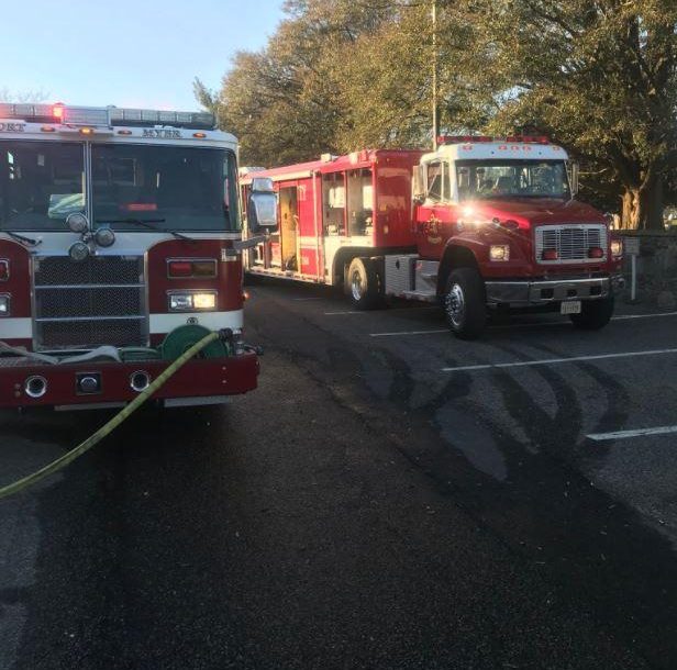 Fire engines are seen at the base in Arlington, Virginia