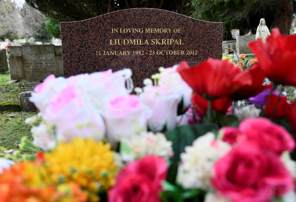 The grave of Liudmila Skripal, wife of Sergei Skripal, is seen in London Road Cemetary in Salisbury