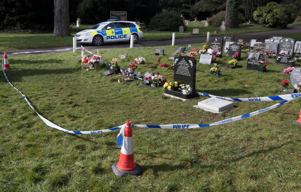 Police cordon tape surrounds the grave of Liudmila Skripal wife of former Russian spy Sergei Skripal in the cemetery in Salisbury