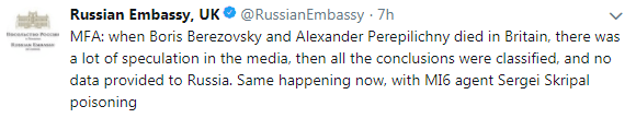 The Russian embassy attempted to pour cold water that Russia was involved in the incident