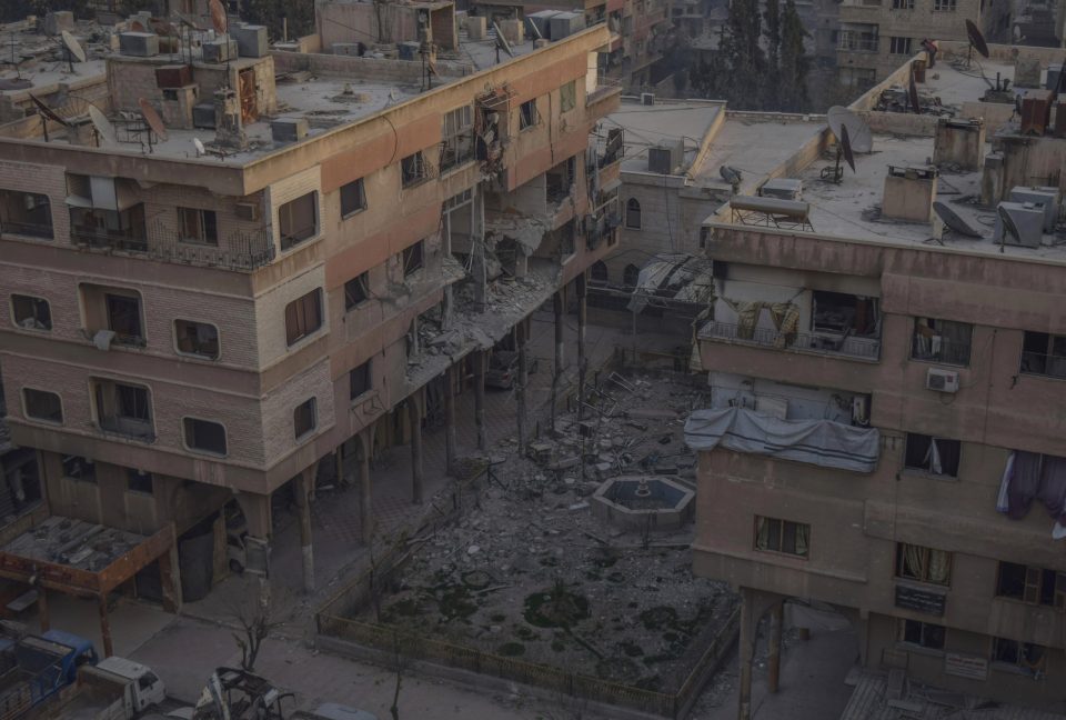  Destroyed buildings are seen after Assad Regime carried out an airstrike at Douma in eastern Ghouta near Damascus