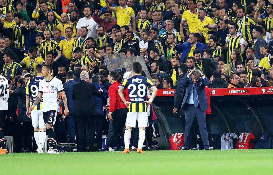 Besiktas keeper Tolga Zengin argued with Fenerbahce fans before an object was thrown towards the dugout