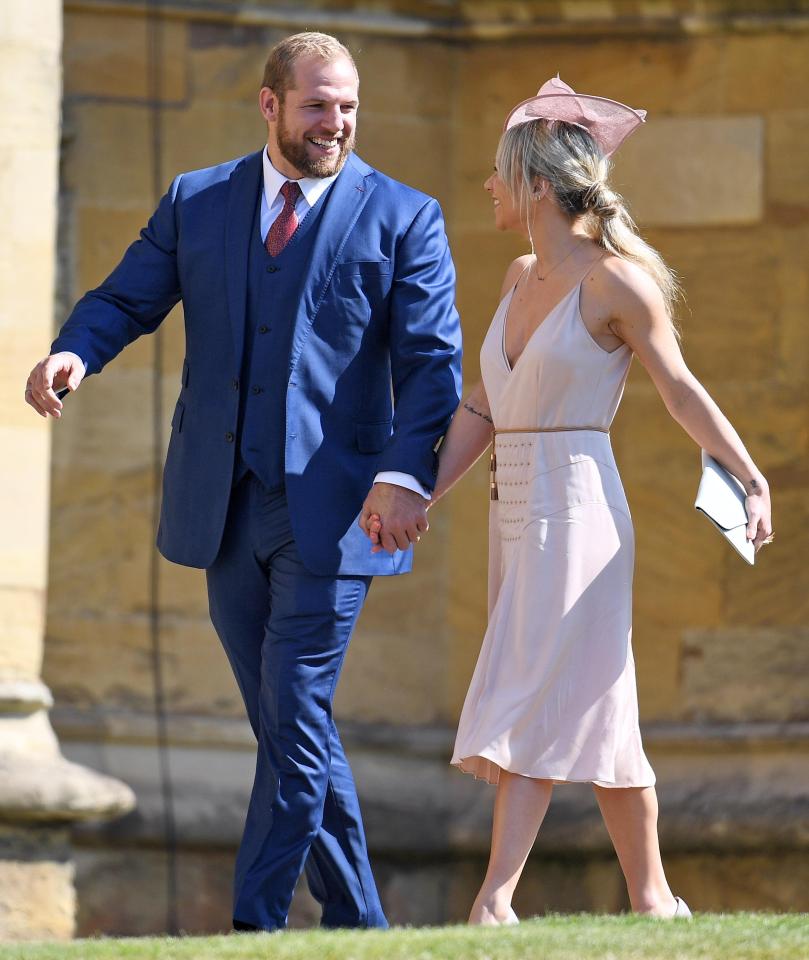 James Haskell and Chloe Madeley hold hands as they walk into the chapel