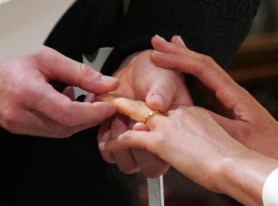 The couple traded rings, which were made in Welsh gold 