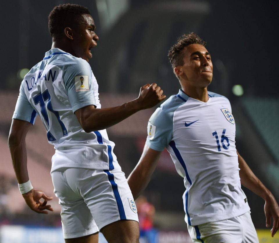  The winger celebrates with England team-mate Dominic Calvert-Lewin