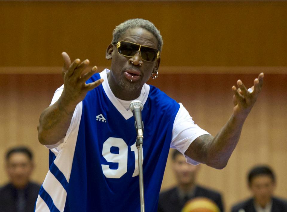 Dennis Rodman sings Happy Birthday to Kim Jong-un before an exhibition basketball game at an indoor stadium in Pyongyang