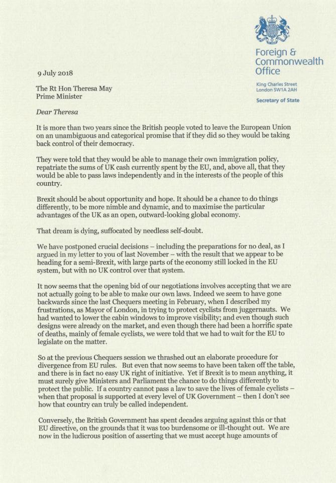 Johnson's resignation letter addressed to Prime Minister Theresa May