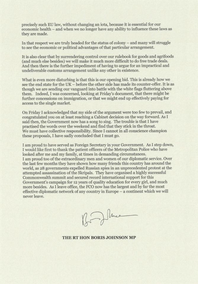 Johnson's letter after he quit amid a row over Brexit negotiations