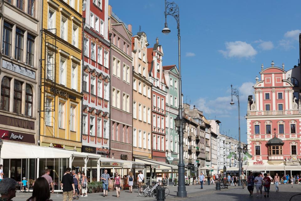 Colourful buildings in the medieval market square in Krakow