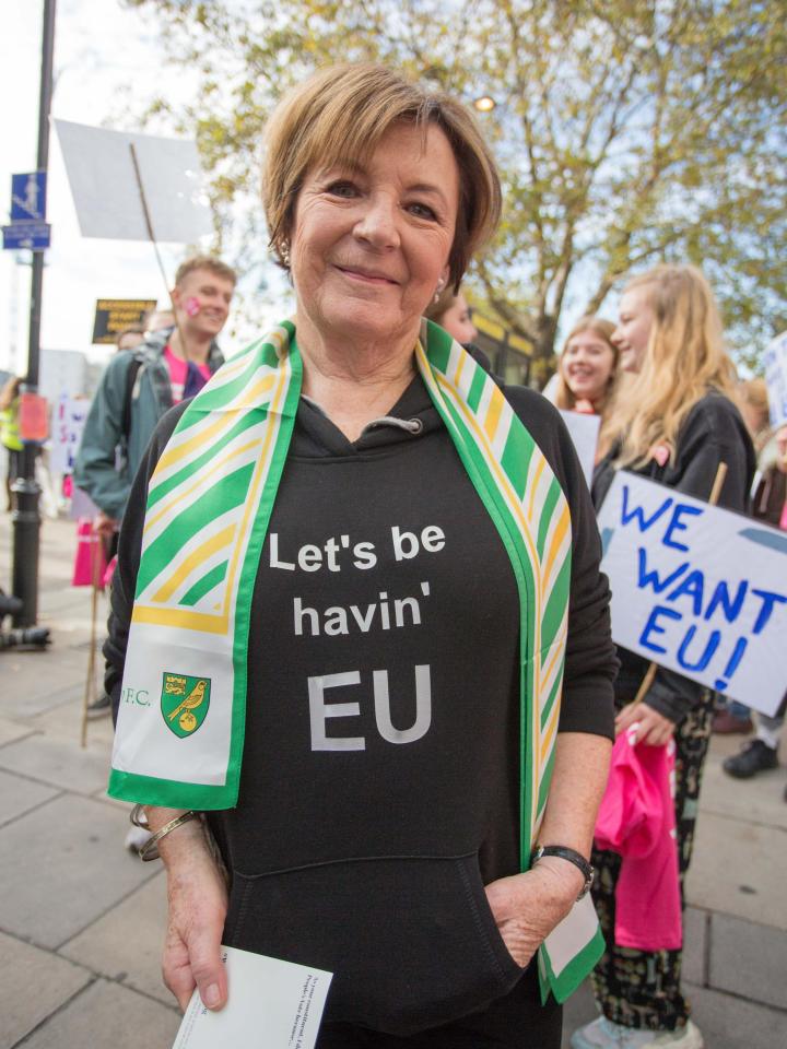Delia Smith wore a 'Let's be havin' EU' hoodie at yesterday's Brexit protest march in London