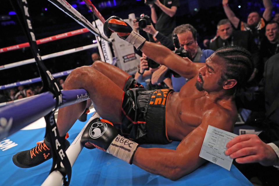  The former two-weight world champ was knocked through the ropes - but Haye amazingly got to his feet before the fight was stopped