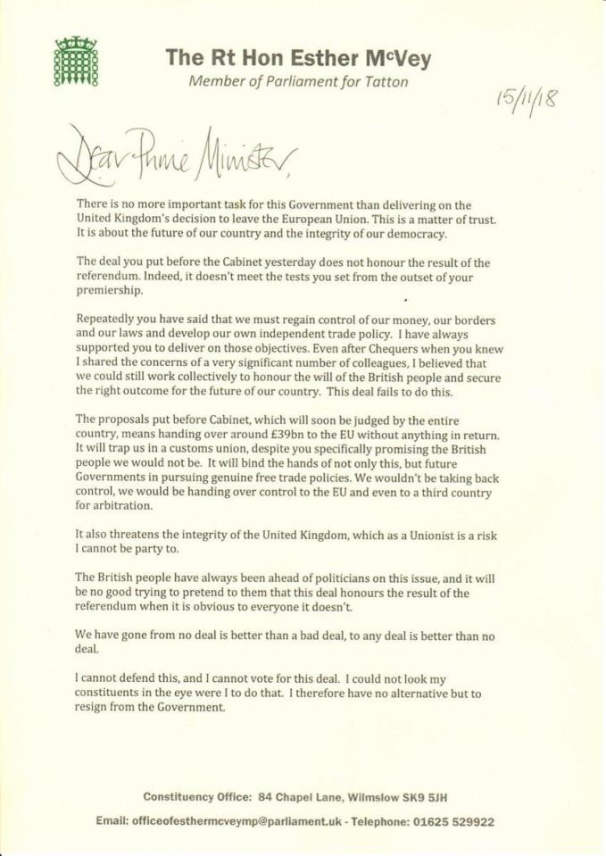 Esther McVey wrote to the Prime Minister to resign