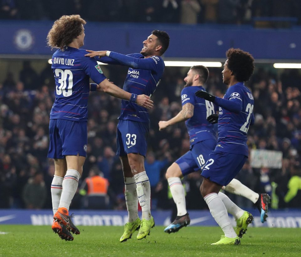 Chelsea stars rush to celebrate with David Luiz after progressing into the final