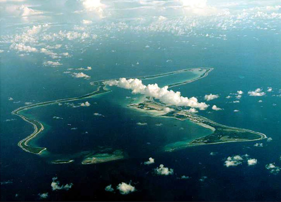 Aerial view of Diego Garcia, the largest island in the Chagos Archipelago.