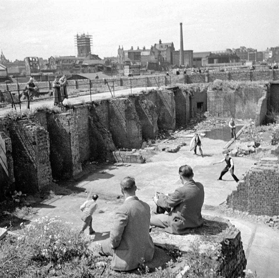  City businessmen remove their black jackets at lunchtime for an unconventional 30-minute cricket match on the cellar floor of a bombed building