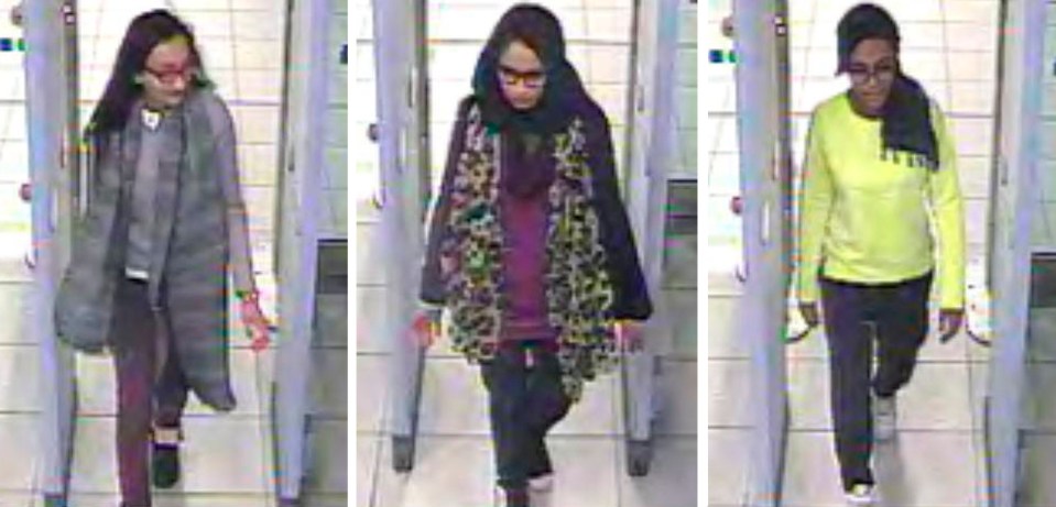  CCTV picture of Kadiza Sultana, 16 (left), Shamima Begum,15 (centre), and Amira Abase (right) at Gatwick airport