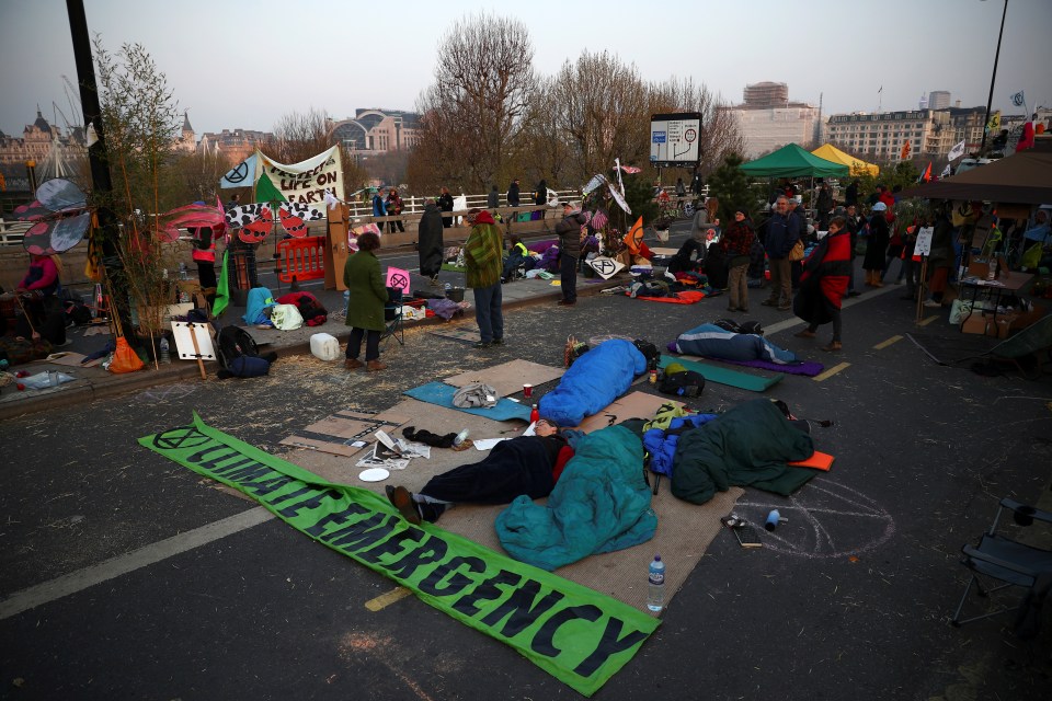 Climate change activists block Waterloo Bridge during the Extinction Rebellion protest in London today
