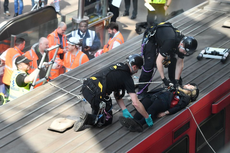 Police slowly lower the protesters from the roof after they staged the demonstration