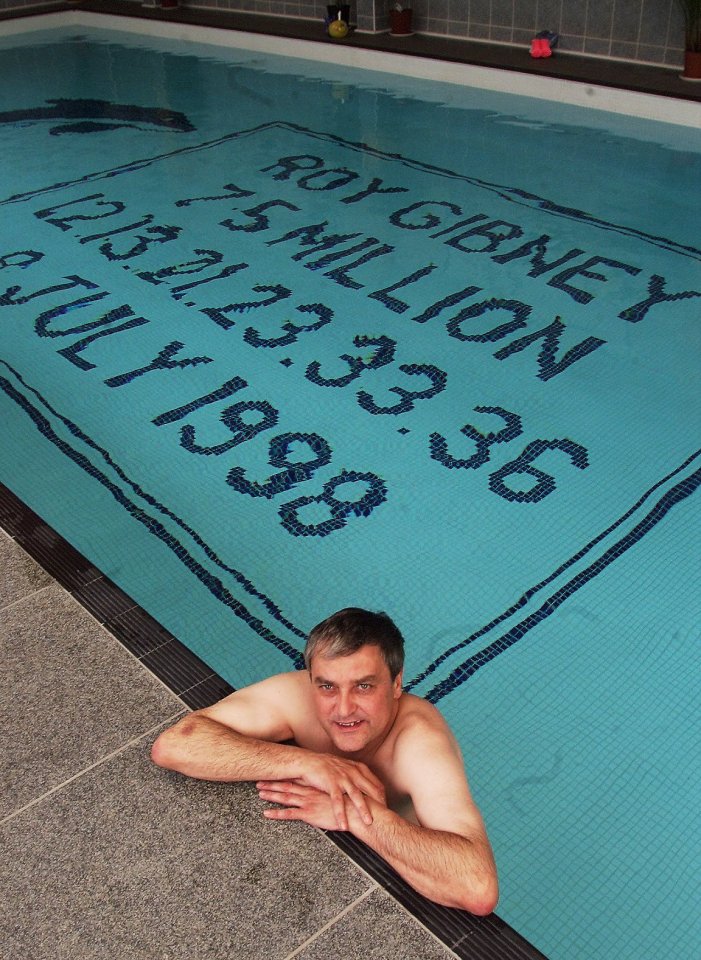  Roy Gibney in his swimming pool with his lotto win spelt out in the tiles