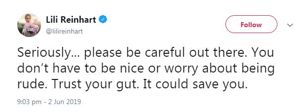  Above: the Riverdale star took to Twitter to share a public service announcement with fans
