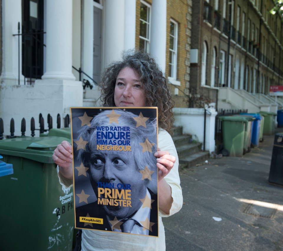 Anti-Boris posters around his and Carrie's neighbourhood are decorated with the EU flag and say: 'We’d rather endure him as our neighbour than our Prime Minister'