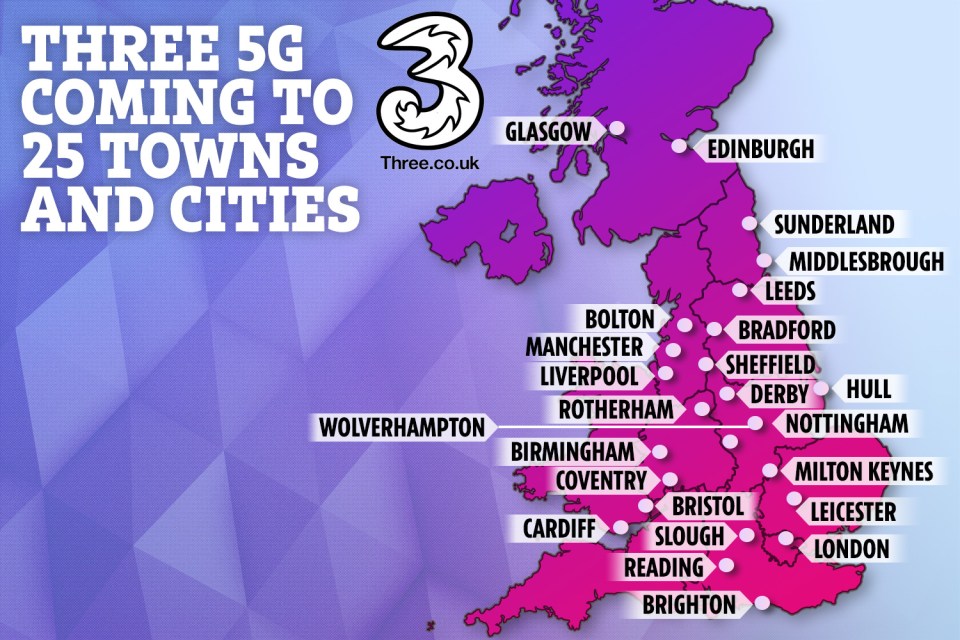  A total of 25 UK towns and cities will have access to Three's 5G network by the end of 2019