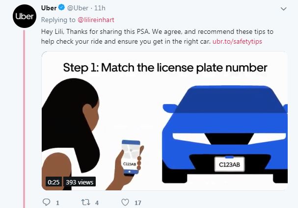  Uber also thanked the star for sharing the PSA, and provided a link to safety advice