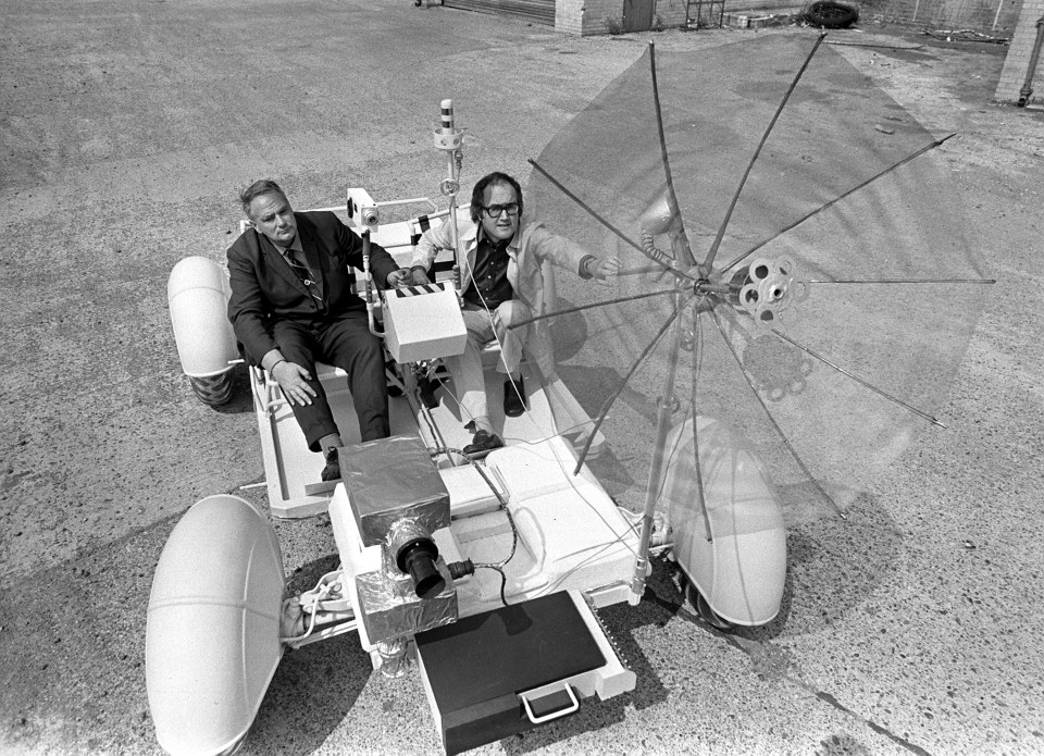  Patrick Moore and James Burke in a replica Moon Rover in 1971