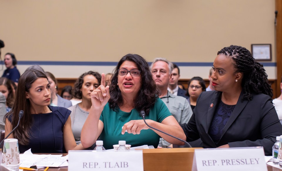  Democratic Representative from New York Alexandria Ocasio-Cortez with fellow 'squad' members Rashida Tlaib and Ayanna Pressley