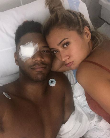  Theo Campbell - pictured here with Kaz Crossley - has revealed he has gone blind in one eye after being hit by a champagne cork