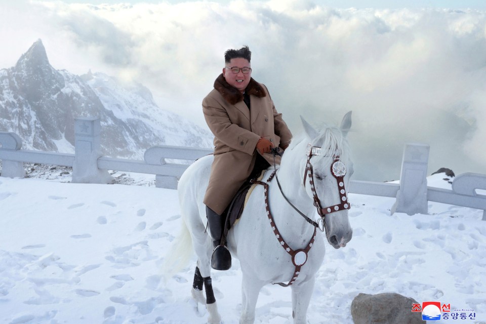  Tubby tyrant Kim smiles from the top of a mountain as he sits on horseback in new propaganda pics
