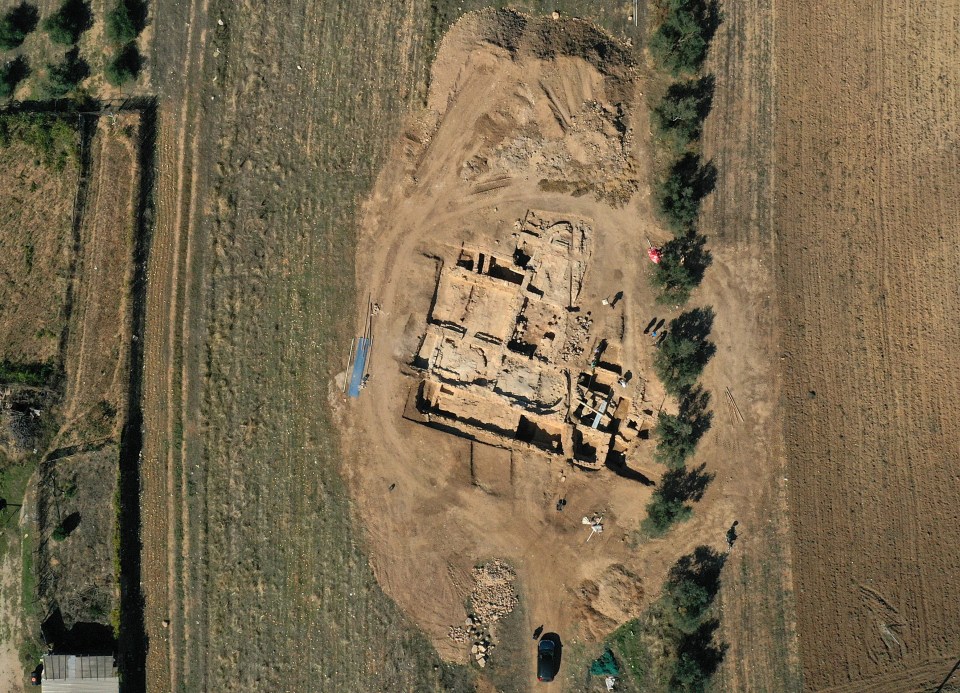  This drone picture shows the Roman baths discovered at the Tenea site