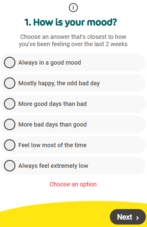 The first question on the quiz asks 'how is your mood?'